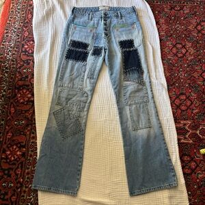 Free People Light Blue Patchwork Flare Jeans with Button Fly